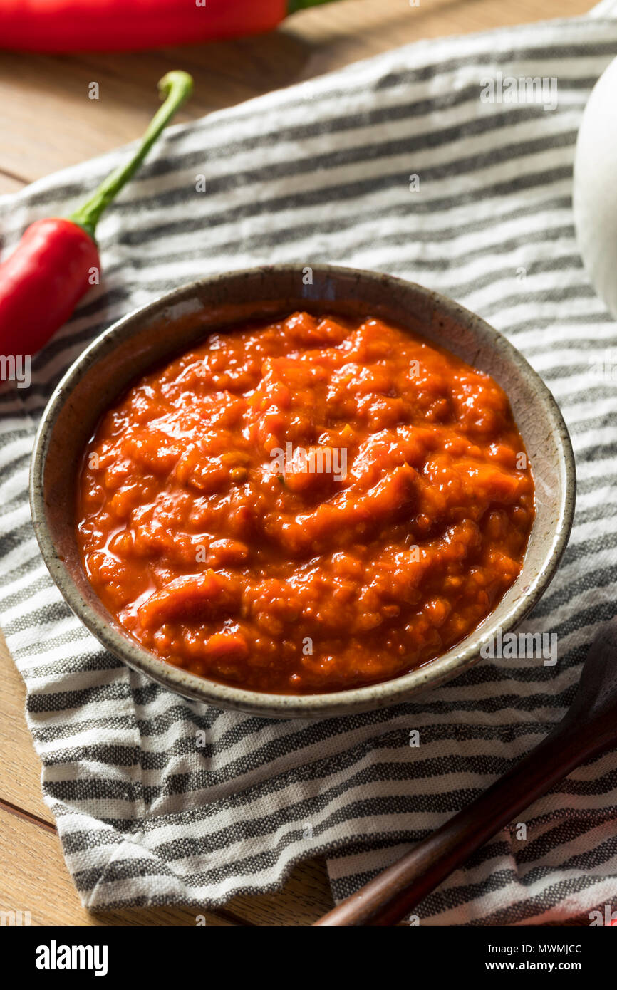 Hausgemachte würzige Harrisa Sauce in eine Schüssel geben. Stockfoto