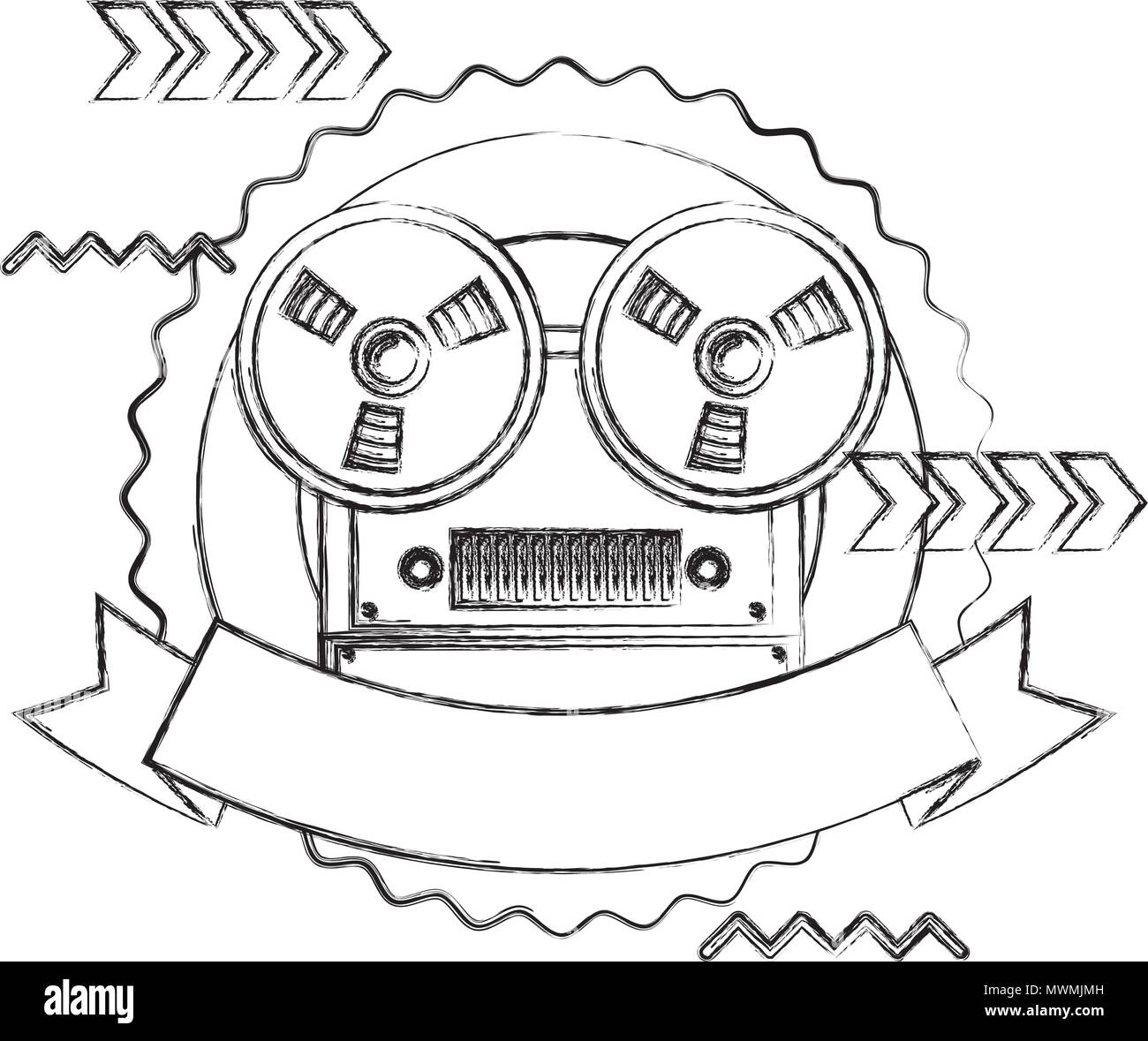 Kassette Radio Player Gerät vintage Emblem Vektor-illustration Skizze Stock Vektor