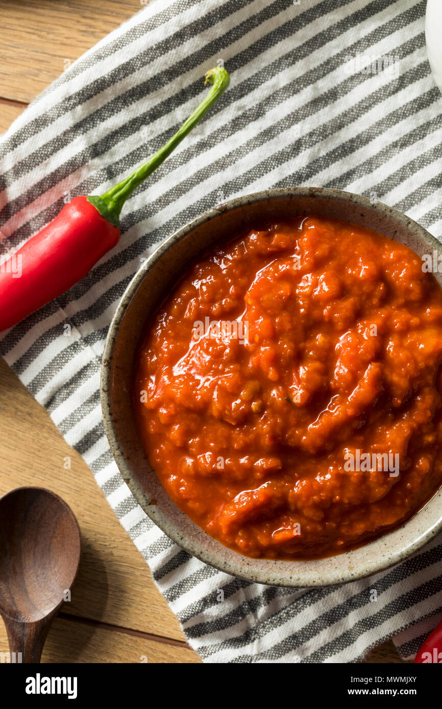 Hausgemachte würzige Harrisa Sauce in eine Schüssel geben. Stockfoto