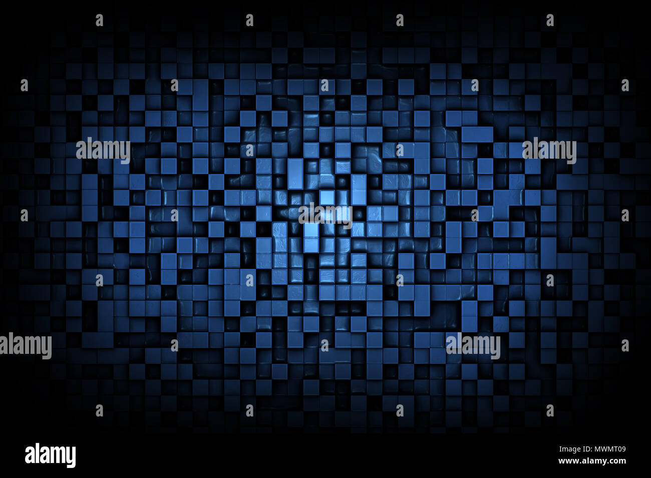 Abstrakte dunkel glänzend oder glänzend blau 3d Geometrische kleine Würfel Hintergrund Design Pattern. Stockfoto