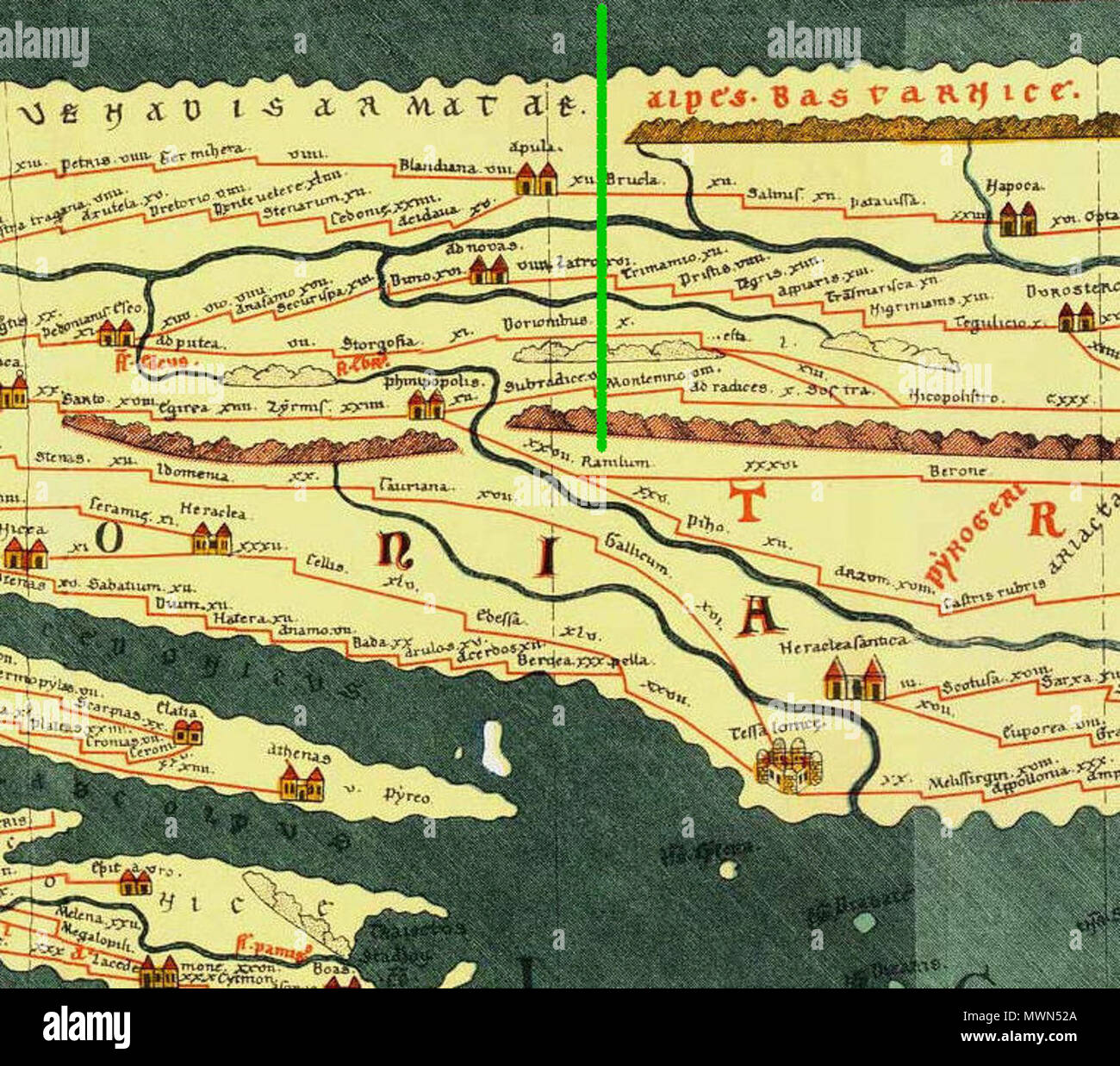 . Englisch: Ausschnitt aus Tabula Peutingeriana, 1-4 Jh. CE. Faksimile-ausgabe von conradi Millieri, 1887/1888; die grüne Linie auf der Karte zeigt die Tabula Peutingeriana Plätze in modernen Bulgarien; auf der Karte: Ramilum; in modernen Bulgarien: Stadt Orizowo English: Ausschnitt aus der Tabula Peutingeriana; Orte und Stationen auf der Tabula Peutingeriana im heutigen Bulgarien; die grüne Linie auf der Karte zeigt: Ramilum; im heutigen Bulgarien: Stadt Orisowo Български: Изрез от Места Пойтингеровата карта; на Пойтингеровата карта намиращи се в днешна линия на България; зелената картата показва: Ramilum; в Stockfoto