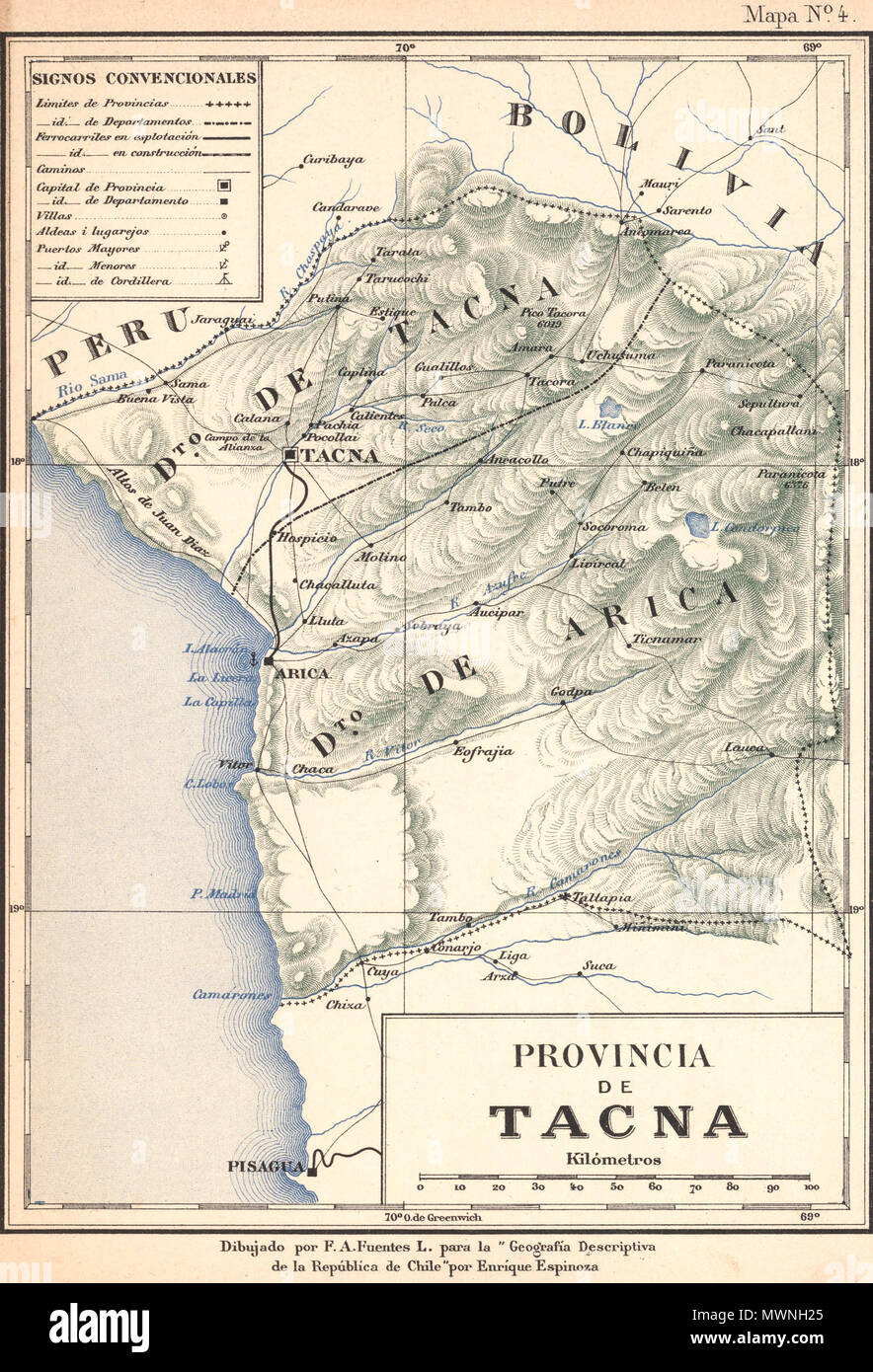 . Mapa de la antigua Provincia chilena de Tacna, hacia 1895, que se dividía en los Departamentos de Tacna y Arica, actuales Provincia de Tacna y Tarata, Departamento de Tacna (Peru) y Estado de Arica y Parinacota, XV Región de Arica y Parinacota (Chile). 1903. F.A. Fuentes 504 Provincia de Tacna-1895 Stockfoto