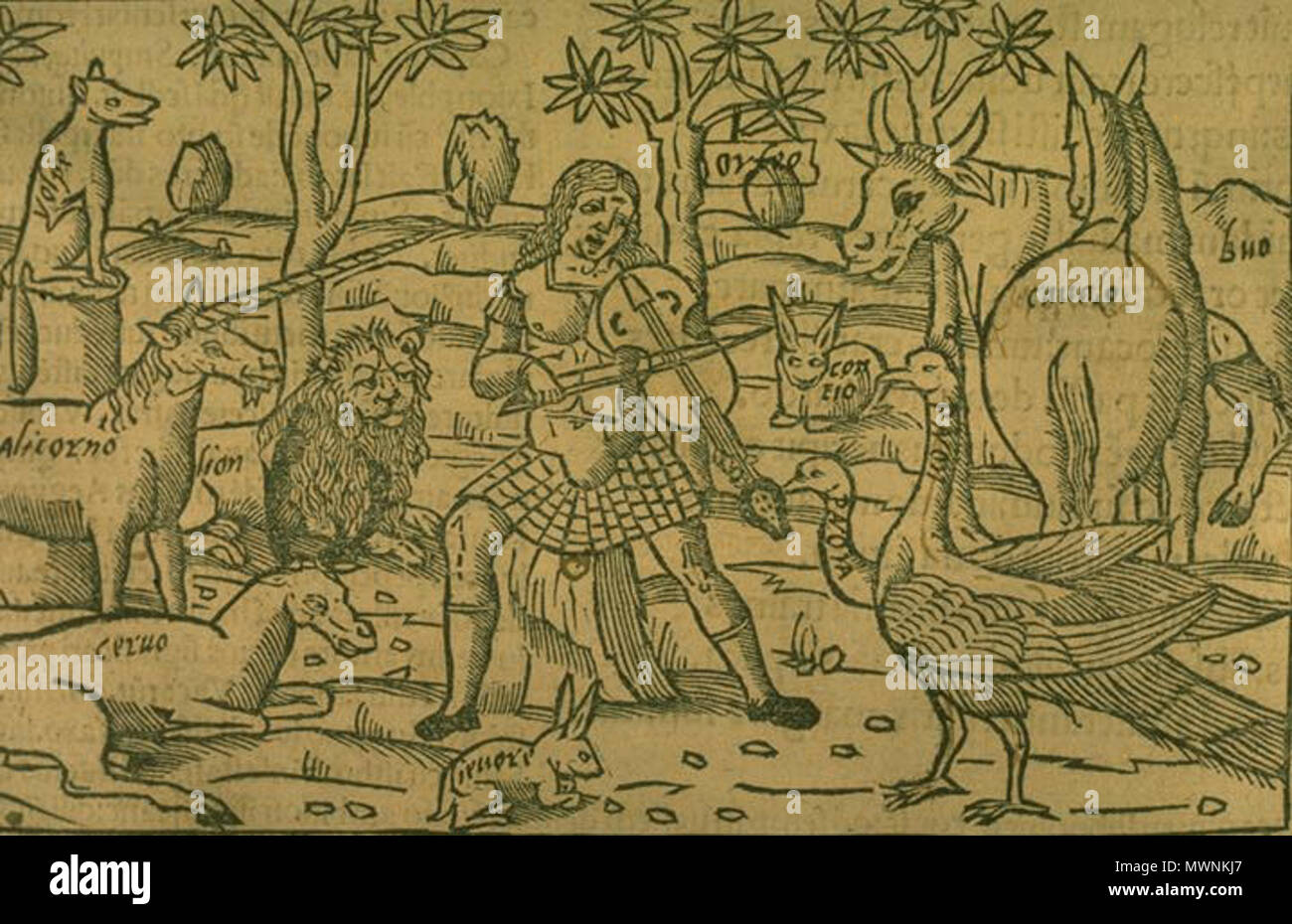 . Englisch: Orpheus Charme die wilden Tiere. Kupferstich von Regius für Ovids Metamorphosen Buch X, 143 - 144. Français: Orphée charmant Les animaux. Tiefdruck de Regius pour les métamorphoses d'Ovid, livre X, 143 - 144. . Regius 514 Regius - Orpheus Tiere Stockfoto