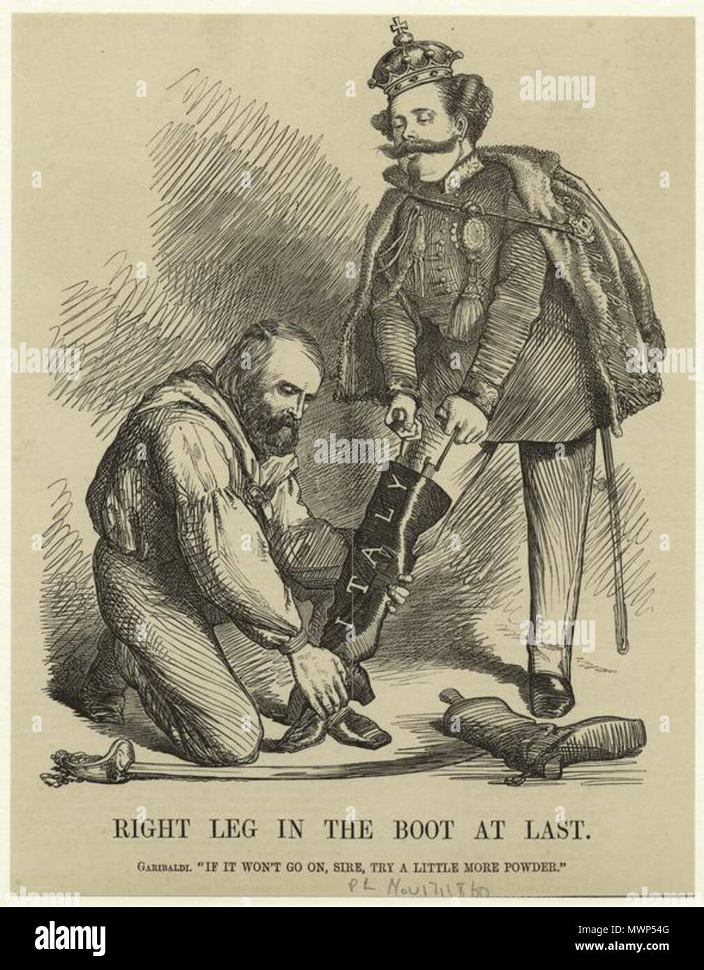 . Englisch: Bild Titel rechte Bein im Boot. Erscheinungsdatum 1860 spezifische materielle Art Prints Los Physische Beschreibung 1 Drucken: b&w; 23 x 18 cm. (9 x 7 in.) Notizen gedruckt auf Bild: "Italien.' an der Grenze geschrieben: 'Garibaldi: "Wenn es nicht weitergehen, Sire, versuchen, ein wenig mehr Pulver." An der Grenze geschrieben: "Nov. 17, 1860.' ursprüngliche Quelle von Punch. ([London] [Punch Publications Ltd., etc.] 1841 -). Quelle Mid-Manhattan Bildersammlung/Porträts - Garibaldi Quelle Beschreibung 1 Ordner (34 Bilder) Lage Mid-Manhattan Library/Picture Collection Katalog Rufnummer PC Digital ID 81512 Stockfoto