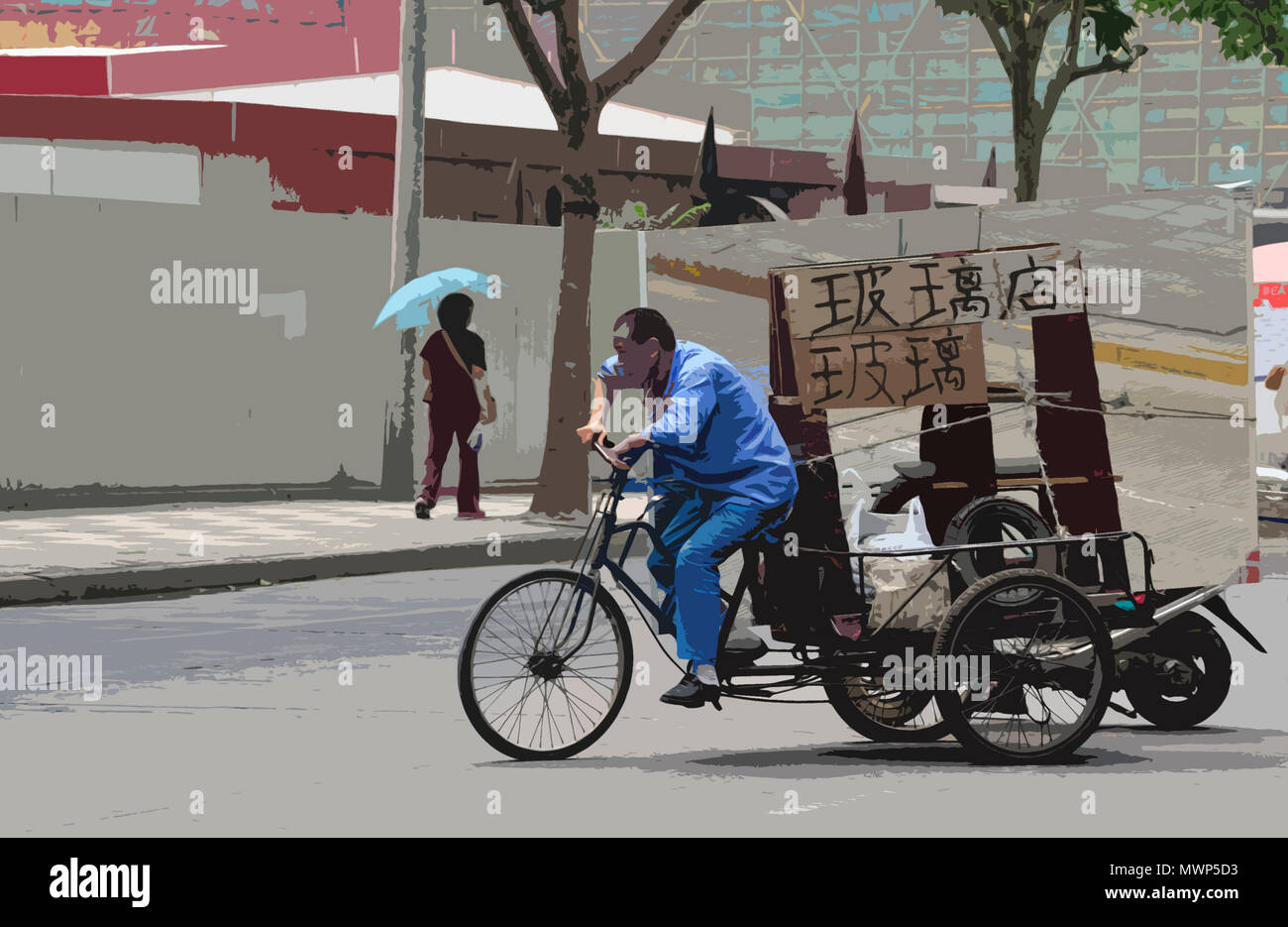 Candid Straßenszene in Shanghai, mit Mann auf einem Zyklus Rikscha schleppen eine Last (in PS, Illustration gerendert), Shanghai, China Stockfoto