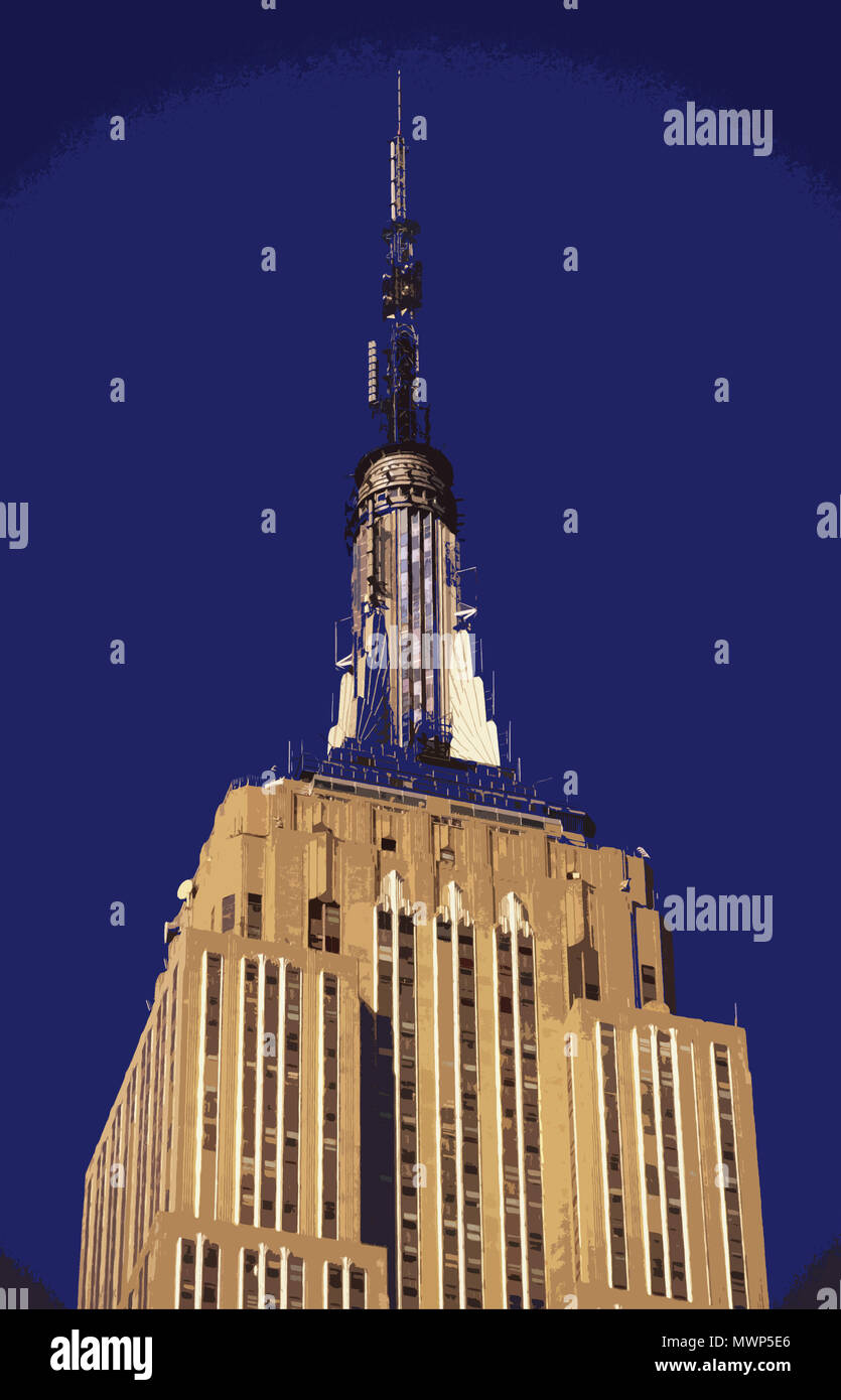 Empire State Building (1930-31), Gipfel, die Rückschläge und Art déco-top (in PS, Illustration gerendert), von William Lamb, New York, NY, USA Stockfoto