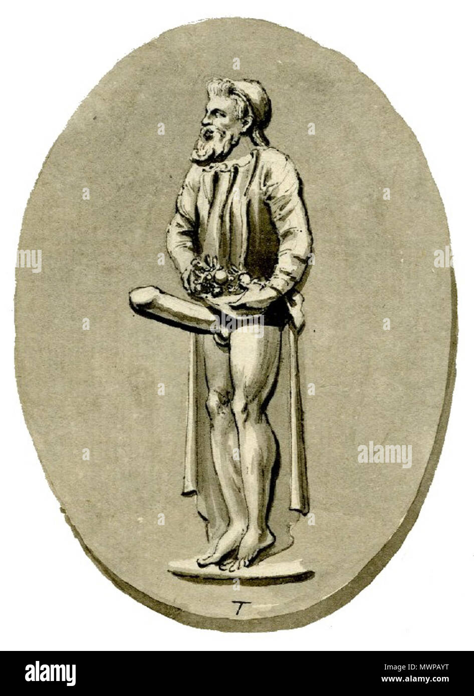 . Englisch: Edelstein graviert mit Priapos seine Vorhänge mit beiden Händen (BM Kat. Edelstein 1652). Feder und Tinte mit grauen Waschen auf ein Blatt Papier, das auf einem zweiten Blatt mit Wasserzeichen versehen' 1794 J WHATMAN blockiert ist.' zusammen mit 2010,5006.885 und 887; die Montage in einem braunen Tinte Rand eingerahmt. zwischen 1768 und 1805. Charles Townley (1737 - 1805) 501 Priapos Juwel Zeichnung Stockfoto