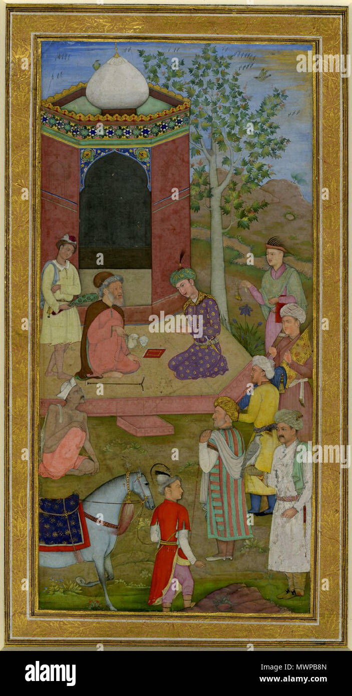 . Englisch: 'Prince Besuch einer heiligen Mann Indien, Mughal Schule, C. 1620 Opak Aquarell auf Papier, obwohl dieses Gemälde stammt aus einem Album, kann es ursprünglich dargestellt haben ein Manuskript, vielleicht eine Sammlung von Leben der muslimischen heiligen Männer. Oft sind die Aktivitäten des shaykhs und Derwische auf die Gräber der Gründer ihrer Aufträge, wie das Heiligtum in diesem Gemälde zentriert." circa 1610. Anonym (indischen) 502 Prinz, ein heiliger Mensch Stockfoto