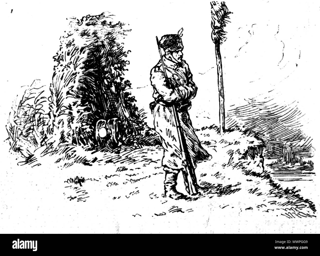 . Rumänische Schutzvorrichtungen verhindert den Import von Waffen aus Russland für Bulgarien - dorobanti Sentinel am Ufer des Pruth. Vom 3. Dezember 1887. M. Lachmann 528 rumänische Schutzvorrichtungen verhindert den Import von Waffen aus Russland für Bulgarien - dorobanti Sentinel am Ufer des Pruth Stockfoto
