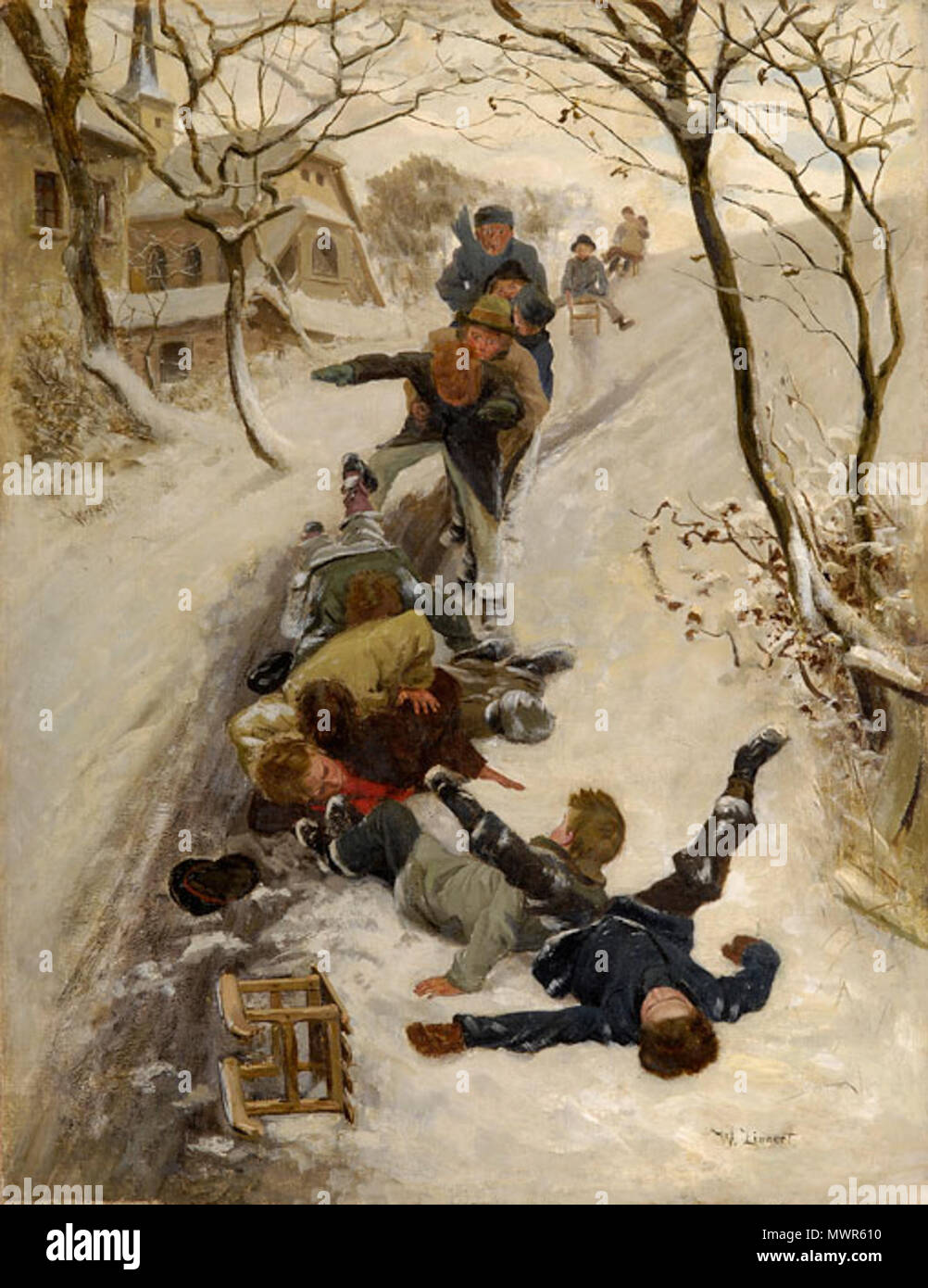 . Eine lustige Rutschpartie, Öl auf Leinwand, 57 x 44 cm. 19./20. Jahrhundert. Wilhelm Carl Zimmer (1853 - 1937) 534 Rutschpartie Stockfoto