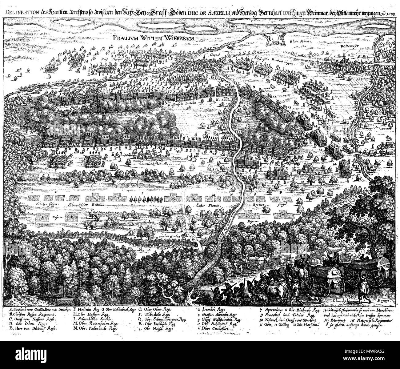 . English: Matthaeus Merian: rheinau - WITTENWEIHER/Baden: Schlachtszene mit den Schweden bei Witteweyr und Cappel. um 1638, Kupferstich, 29 x 36 cm. Matthaeus Merian 547 Schlacht von wittenweiher 1638 Stockfoto