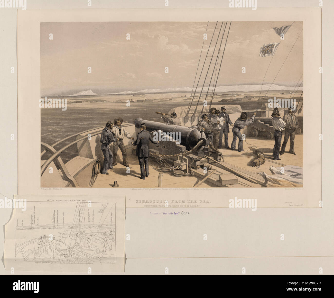 . Englisch: Sewastopol aus dem Meer - skizziert vom Deck der H.M.S. Sidon. Die Männer sind der Betrieb einer 68-pounder 88 cwt smoothbore Schnauze - Laden der Waffe. 24. April 1855. Von Paul & Dominic Colnaghi & Co., 13 & 14 Pall Mall Östlich; Paris: Goupil & Cie., 1855 April 24 (Tag & Sohn, lithrs. der Königin) 557 HMS Sidon 68 pounder pivot Gewehr 1855 LOC 05685 u veröffentlicht. Stockfoto