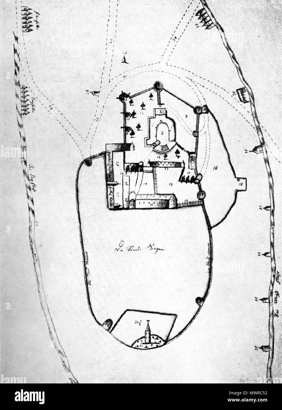 . Englisch: Stadt Siegen (Nordrhein-Westfalen, Deutschland): Stadtplan mit der Oberen Burg (Oberes Schloss). Anonyme Zeichnung, Ca. 1736. English: Siegen/Westfalen: Karte der Stadt mit oberem Schloss. Anonyme Zeichnung, angefertigt etwa 1736. ca. 1736. Unbekannt 558 Siegen Karte 1736 Stockfoto