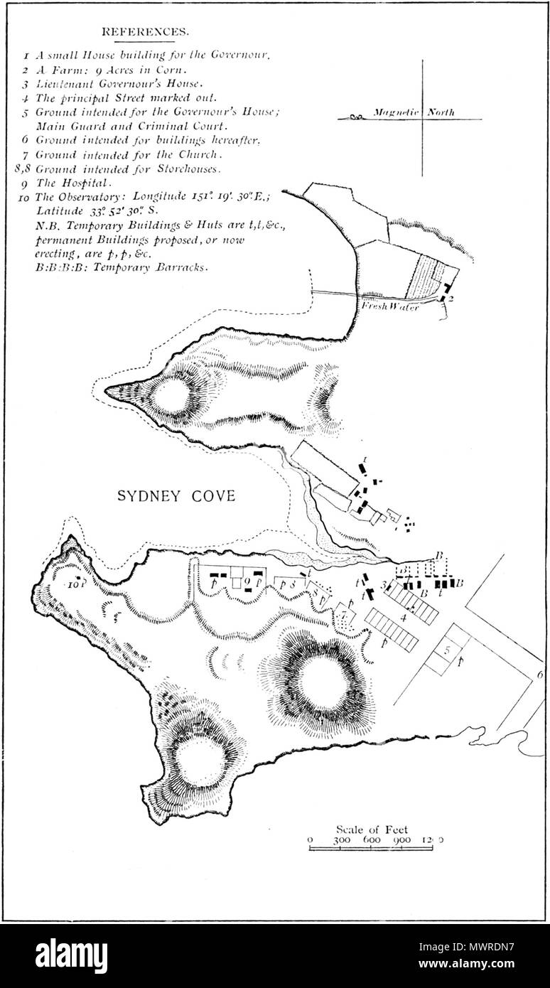. Englisch: Skizze von Sydney Cove, Port Jackson, 1788, aus dem Buch "Admiral Phillip'. 1899. Nicht zugeordnet 564 Skizze von Sydney Cove, Port Jackson, 1788 (von Admiral Phillip) Stockfoto