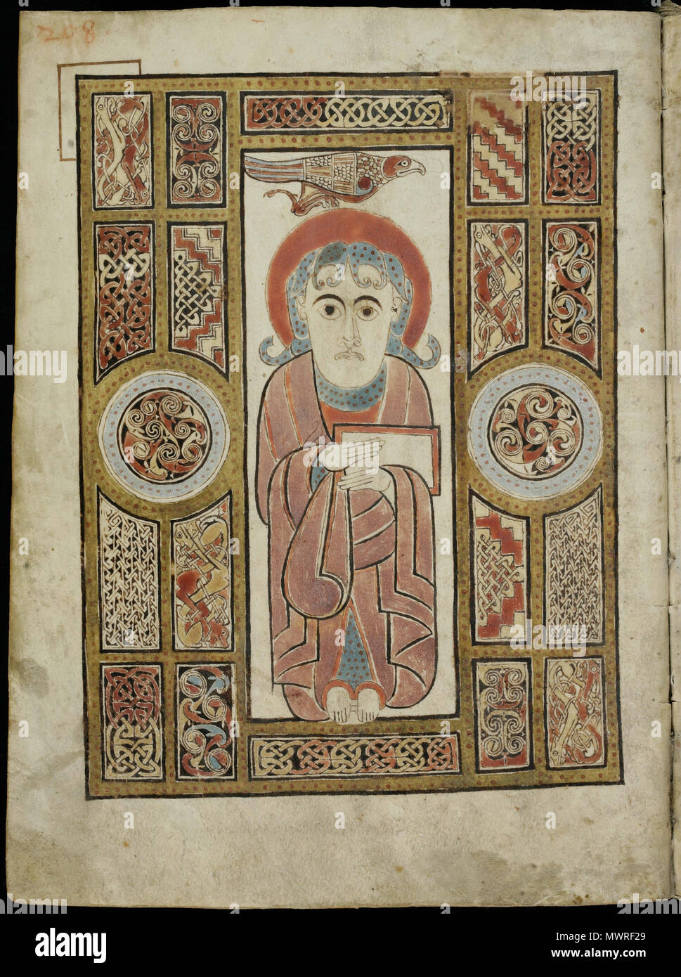 . Français: Saint Jean, Seite tirée du Livre de Saint-Gall, évangéliaire insulaire. 8. Jahrhundert 572 St. Gallen Evangelien Cod. Sang. 51 - S. 208 - Saint John Stockfoto