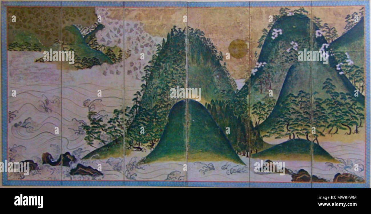 . Englisch: Jitsugetsu sansui-zu (Landschaft mit Sonne und Mond): Rechts Paar sechs Gefaltete Bildschirme, Farbe, Blattgold auf Papier, 1,47 x 3.135 m, 16. Jahrhundert JAPAN 日本語: 日月山水図 屏風 右双 大阪河内 金剛寺 １６世紀 1,47 x 3.135 m. 16. Jahrhundert. Unbekannt 581 Sonne und Mond Landschaft Kongoji 1. Stockfoto