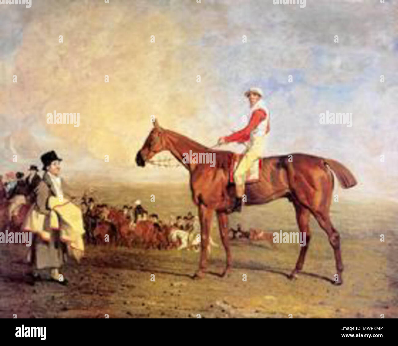 . Englisch: Bin mit Sam Chifney nach oben". Malerei von Epsom Derby Sieger 1818 Sam, mit Jockey Sam Chifney jr. von Benjamin Marshall (1763-1835). Artist ist tot für 177 Jahre. ca. 1810 n. Benjamin Marshall (1768-1835) 540 Sam mit Sam Chifney bis Stockfoto