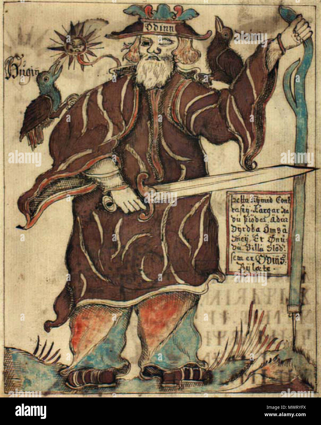 . Eine Abbildung der Gott Odin mit seinen beiden Raben Huginn und Muninn, aus einer isländischen Handschrift aus dem 18. Jahrhundert. 1760 [1]. Ólafur Brynjúlfsson [2] 447 NKS 1867 4, 94 r, Odin Stockfoto