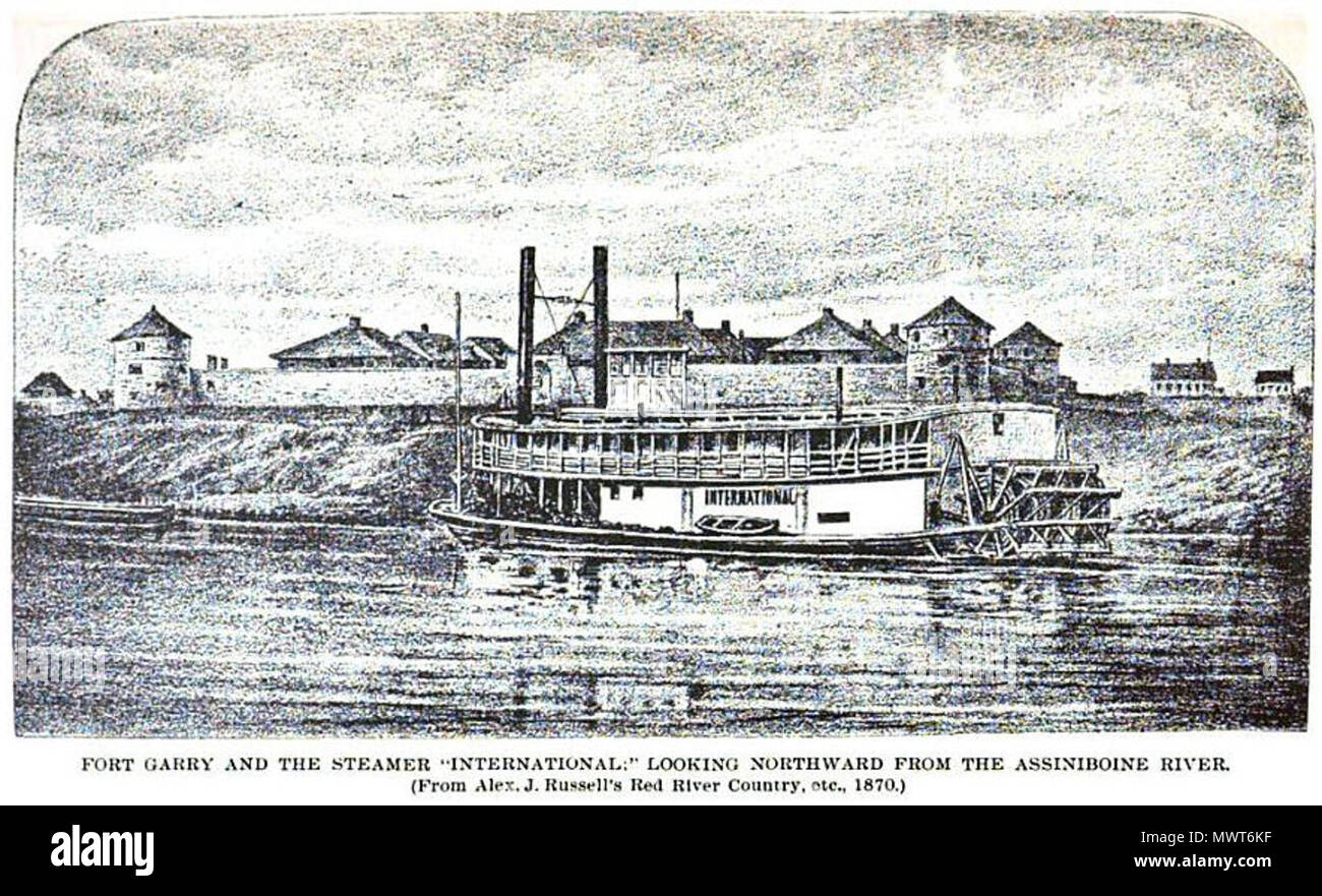 . Englisch: Steamboat 'International' in Winnipeg Manitoba, Sammlungen der Minnesota Historical Society, Öffnung des Roten Flusses im Norden zu Handel und Zivilisation von Captain Russell Blakely, durch die Gesellschaft, St. Paul, MN 1898 veröffentlicht, Band VIII, Seiten 45-66. 31. Mai 2012. Steamboat In Winnipeg Manitoba, Sammlungen der Minnesota Historical Society, Öffnung des Roten Flusses im Norden zu Handel und Zivilisation von Captain Russell Blakely, durch die Gesellschaft, St. Paul, MN 1898 veröffentlicht, Band VIII, Seiten 45-66 575 Dampfer 'International' Stockfoto