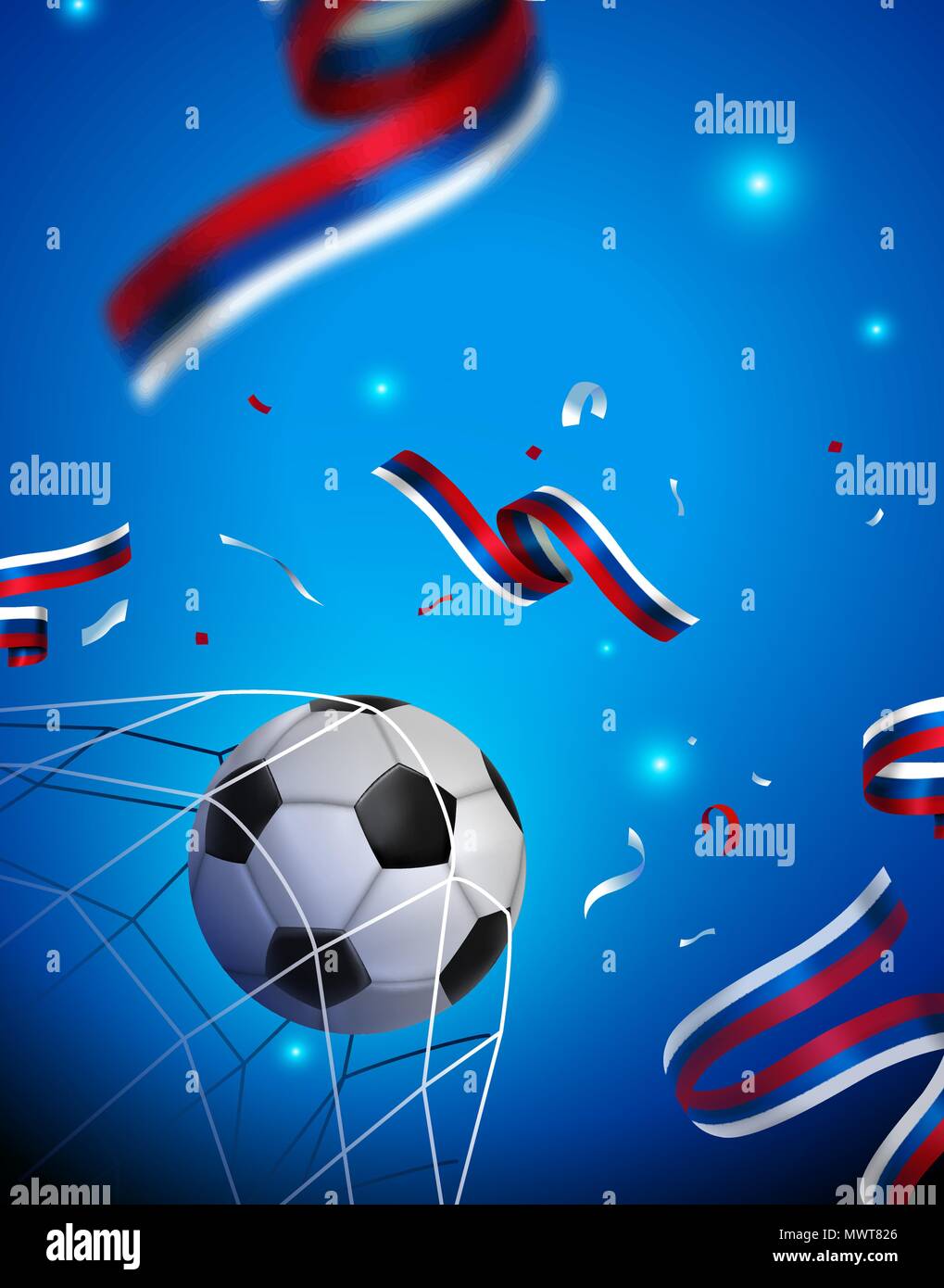 Fußball-Spiel Meisterschaft Poster für einen russischen Ereignis. Russland Landesflagge Dekoration mit Fußball-Ball zählenden Ziel. EPS 10 Vektor. Stock Vektor