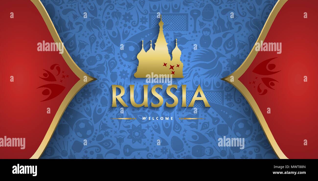 Nach Russland traditionellen Hintergrund Vorlage für besondere Fußball-Ereignis willkommen. Farbe Gold russische Dekoration mit nationalen Wahrzeichen und Kultur Symbole. Stock Vektor