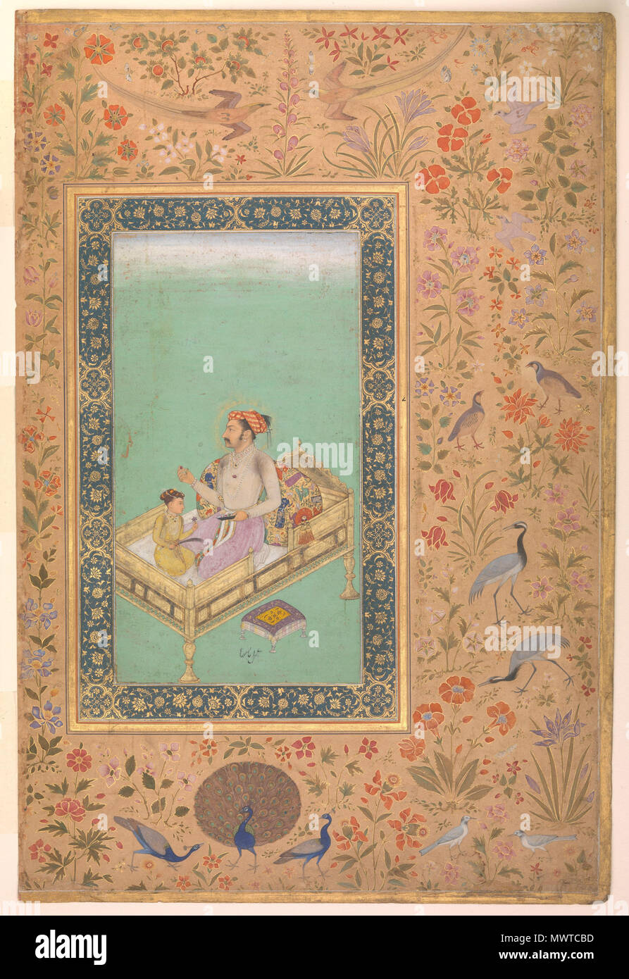 . "Der Kaiser Shah Jahan mit seinem Sohn Dara Shikoh', Folio aus dem Shah Jahan Album Gemälde von Nanha Kalligraph: Mir 'Ali Haravi (d. Ca. 1550) Objekt Name: Album Leaf Herrschaft: Jahangir (1605 - 27), verso Datum: Verso: Ca. 1620; recto: Ca. 1530 - 50 Geographie: Indien Medium: Tinte, opak Aquarell, und Gold auf dem Papier Margen: Gold und deckende Wasserfarbe auf gefärbtem Papier Abmessungen: H.15, 5/16 in. (38,9 cm) W. 10 5/16 in. (26,2 cm) Einstufung: Codices Kreditlinie: Kauf, Rogers Fund und der kevorkian Stiftung Geschenk, 1955 Beitritt Anzahl: 55.121.10.36 Dieses Kunstwerk wird nicht auf dem Display. ve Stockfoto