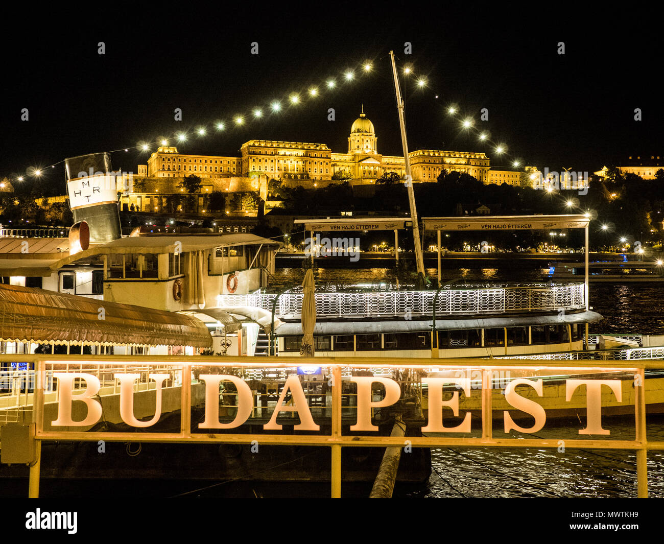Budapest auf der Donau in der Nacht, mit Budaer Königspalast aka Budaer Burg im Hintergrund, Ungarn. Stockfoto