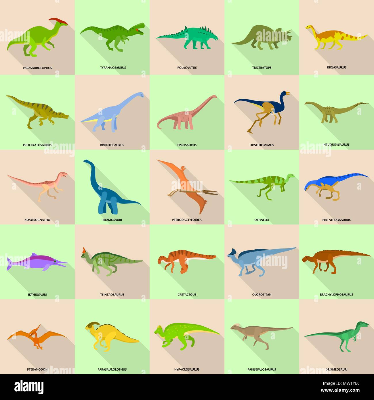 Dinosaurier Arten Unterschrift Name Symbole, flacher Stil  Stock-Vektorgrafik - Alamy