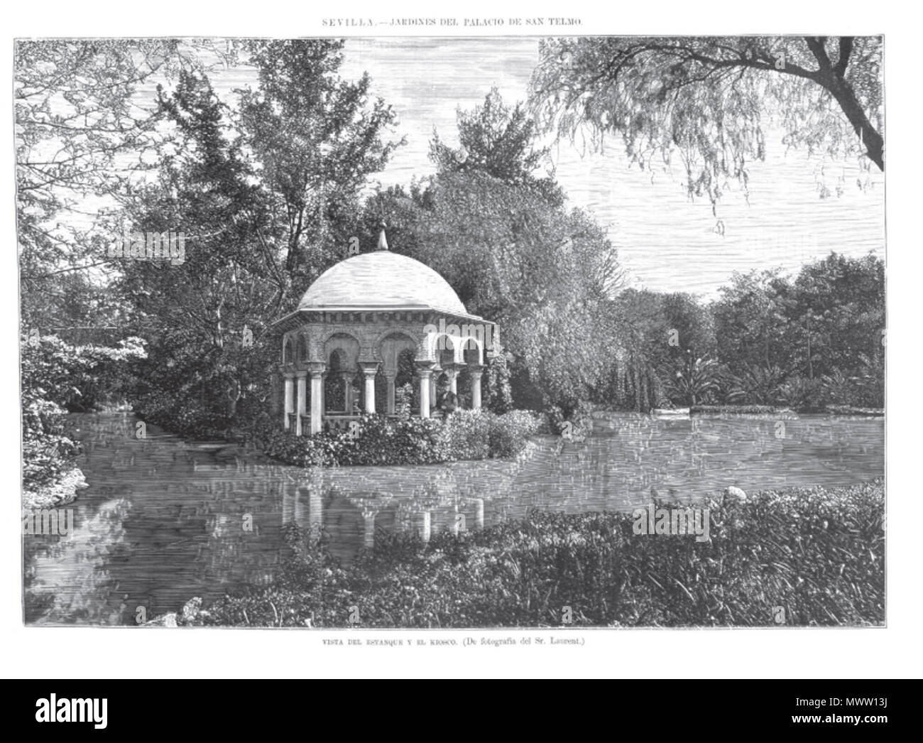 . Español: Grabado basado en una fotografía del Sr. Laurent. Sevilla, Jardines del Palacio de San Telmo. El grabado aparece en la Revista Española y La Ilustración Americana del 8 de Enero de 1878 con la Leyenda "Vista del Estanque y del kiosko. Fotografía del Señor Laurent.'. El lugar Puede ser también conocido como El Templete de la Isleta de los Patos o el Pabellón de Alfonso XII. 1878. Anonym 590 Templete en la Isleta de los Patos Stockfoto