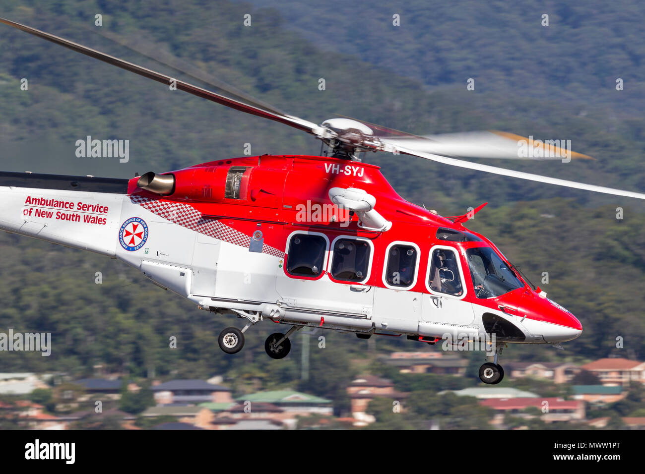 Ambulance Service von New South Wales AgustaWestland AW-139 VH-syj Air Ambulance Hubschrauber Illawarra Regional Airport. Stockfoto