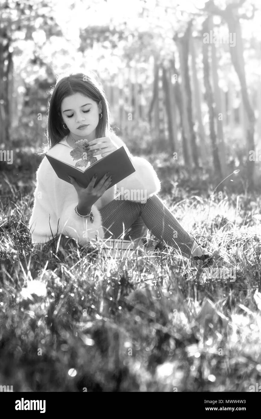 Mädchen mit einem Buch in der Natur sitzen mit einem gefallenen Blatt in der Hand. Stockfoto