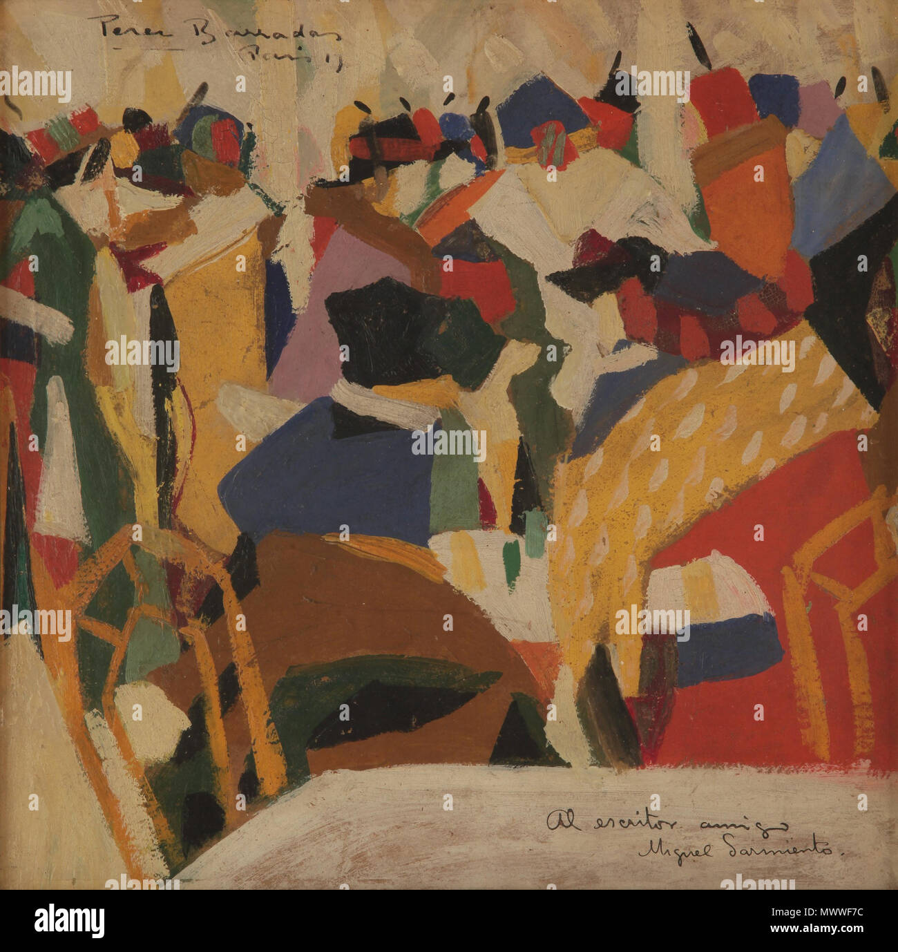 . Español: Fecha: 1913 Origenes: Donación María Luisa Bermberg 2004 Escuela: URUGUAYA S. XX Técnica: Óleo Objeto: Pintura Soporte: sobre Medidas cartón: 36,5 x 36,5 cm. Ubicación: Sala 27 - Colección María Luisa Bemberg - Museo Nacional de Artes Visuales (Argentinien). 1913. Rafael Barradas 603 - Tango emocion-de-Farbe - ESCENA-de-Cafe - multitud Stockfoto