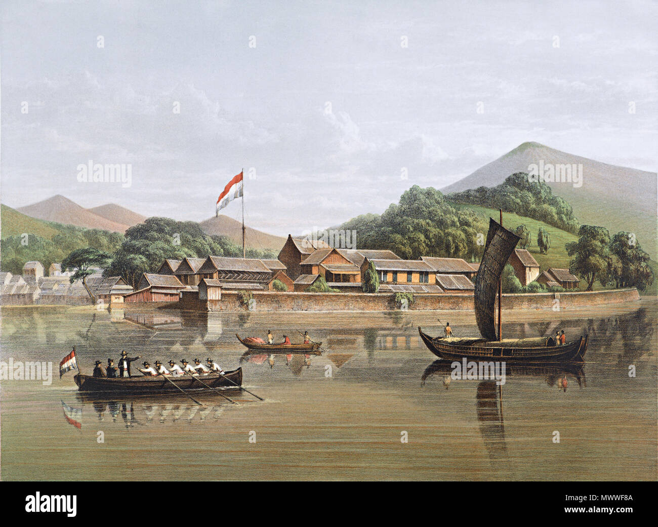 . Englisch: Blick auf Dejima. Chromolithograph von C.W. Mieling nach einem Gemälde von J.M. van Uithoorn. 19. Carl Wilhelm Mieling (1815-1903), nachdem Johan Maurits, Graaf van Uithoorn (1807-1864) 161 Desima von CW Mieling Stockfoto