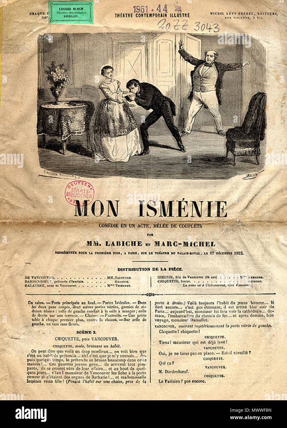 . Historisches Spiel - Rechnung für die Komödie "auf Isménie", Paris, um 1850. ca. 1850. Anonym 603 Theatersammlung Bloch 1. Stockfoto
