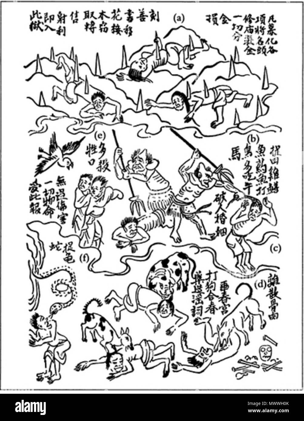 . Englisch: Qualen der chinesischen buddhistischen Hölle. Vor 1923. Die traditionellen chinesischen Holzschnitts 612 Qualen der chinesischen buddhistischen Hölle Stockfoto