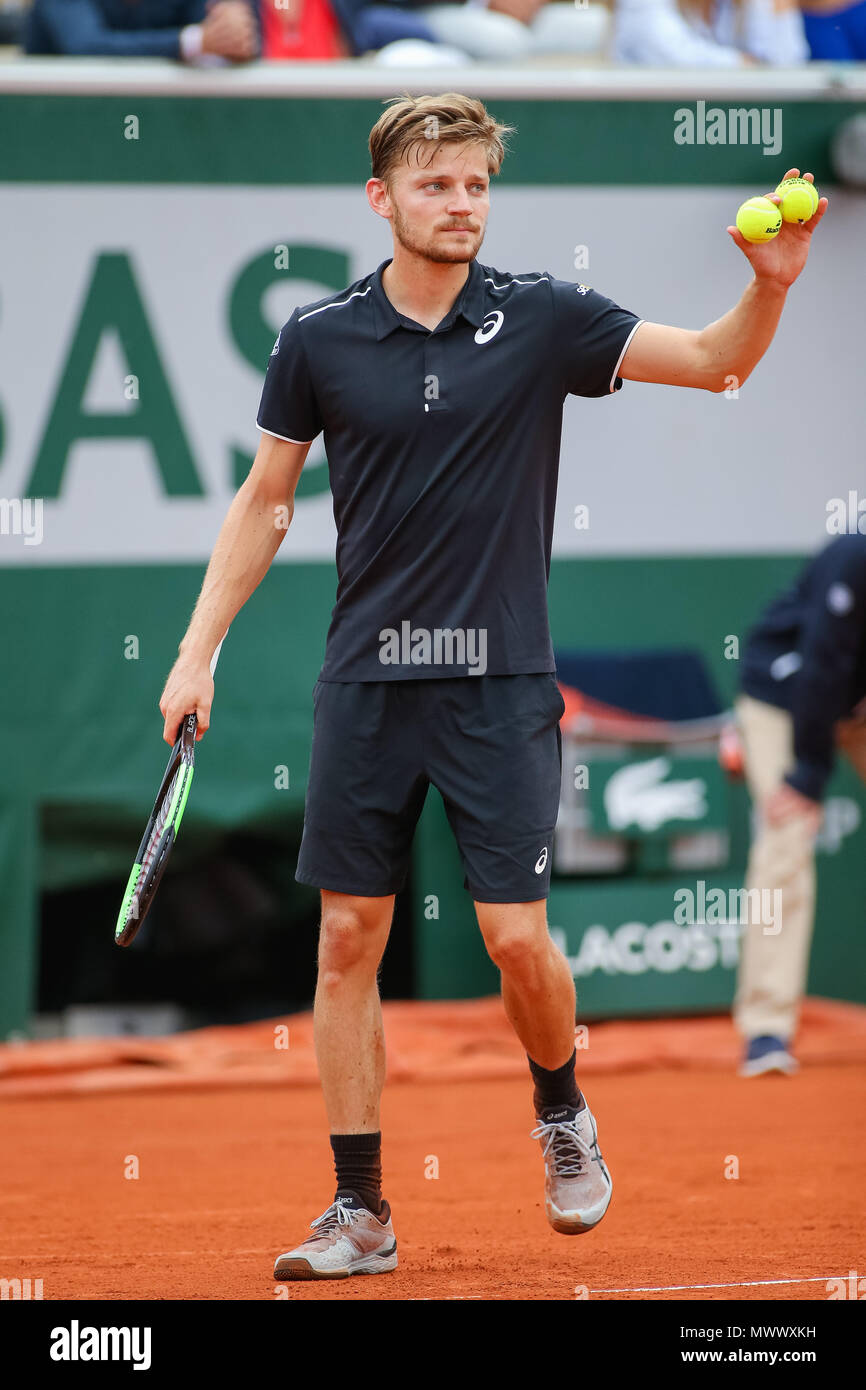 Paris, Frankreich. 1. Juni 2018. David Goffin (BEL) Tennis: David Goffin Belgien während der Herren Einzel dritte Runde der French Open Tennis Turnier gegen Gael Monfils von Frankreich an der Roland Garros in Paris, Frankreich. Quelle: LBA/Alamy leben Nachrichten Stockfoto