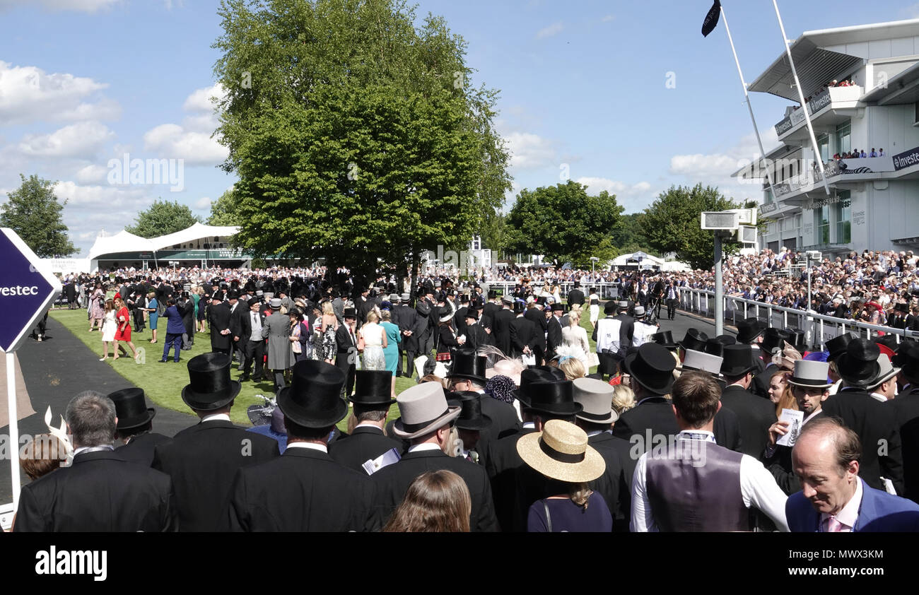 Epsom Downs, Surrey, UK, 2. Juni, 2018 Besitzer, Anschlüsse und Fahrer erwarten die Ankunft von SEINER KÖNIGLICHEN HOHEIT, die Königin in der Parade Ring vor dem er Investec Derby auf dem Surrey Downs. Credit: Motofoto/Alamy leben Nachrichten Stockfoto