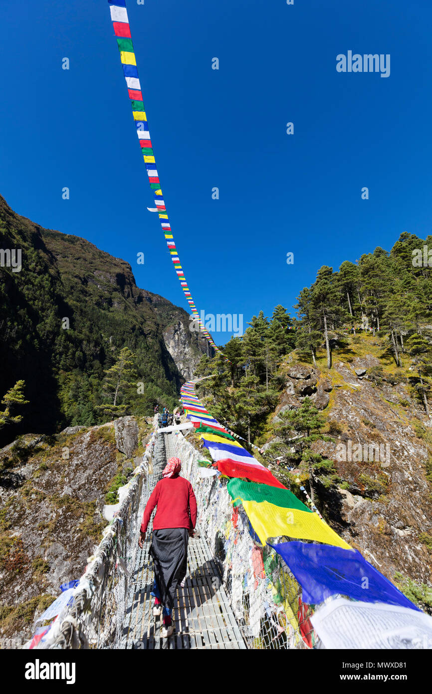 Porter Überquerung einer Hängebrücke in tibetischen Gebetsfahnen geschmückt, Sagarmatha Nationalpark, UNESCO, Khumbu Valley, Nepal, Asien Stockfoto