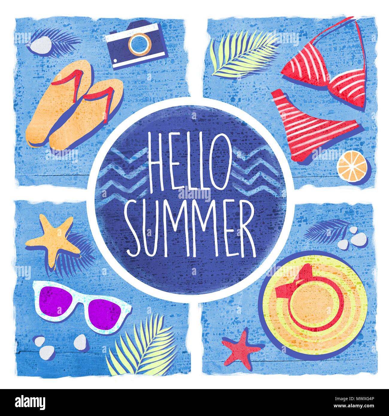 Hallo Sommer für Banner Design. Urlaub am Meer Poster. Stockfoto