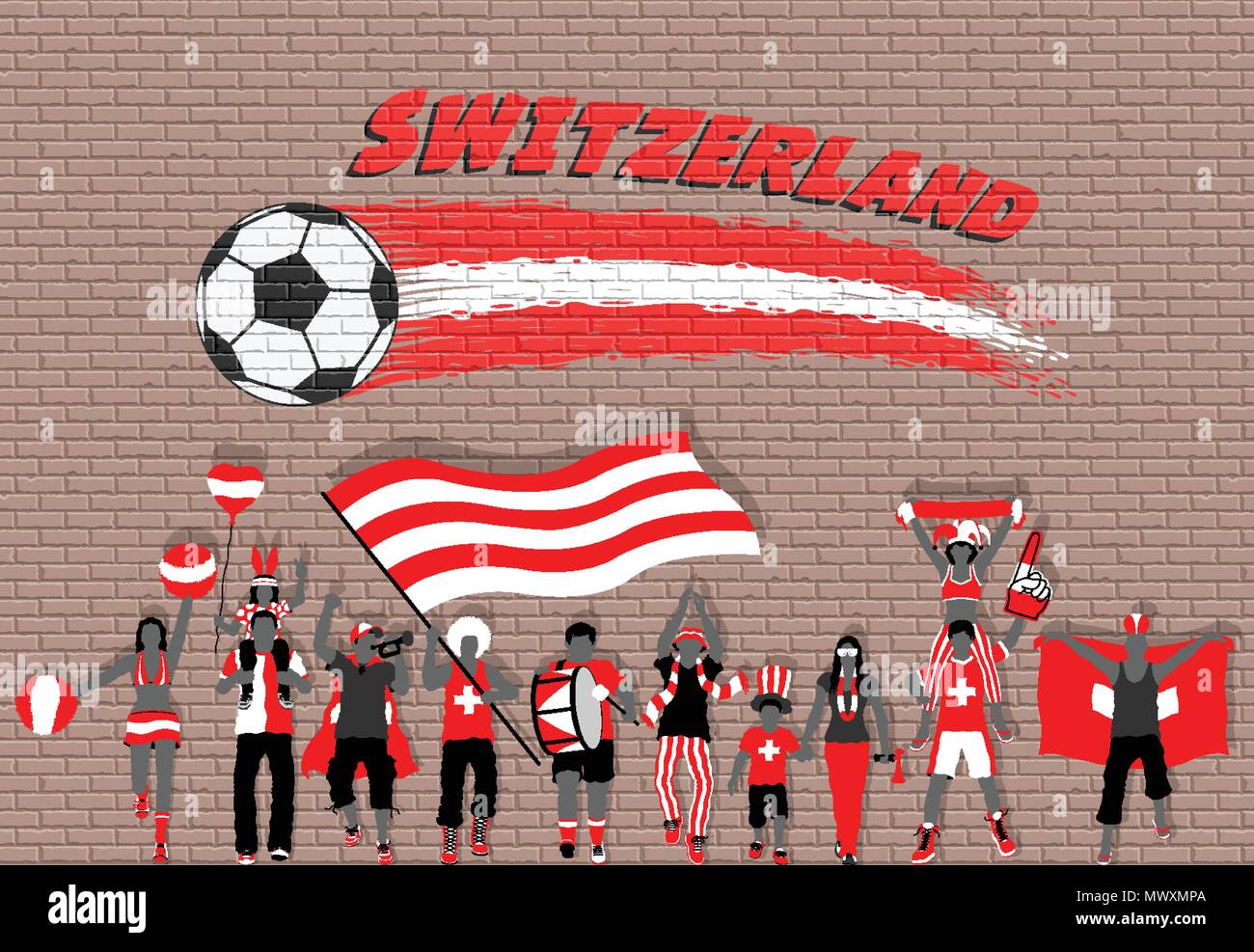 Schweizer Fussball Fans mit der Schweiz Flagge Farben vor Fußball Graffiti.  Alle Objekte sind in verschiedenen Schichten und der Text -Typen  Stock-Vektorgrafik - Alamy