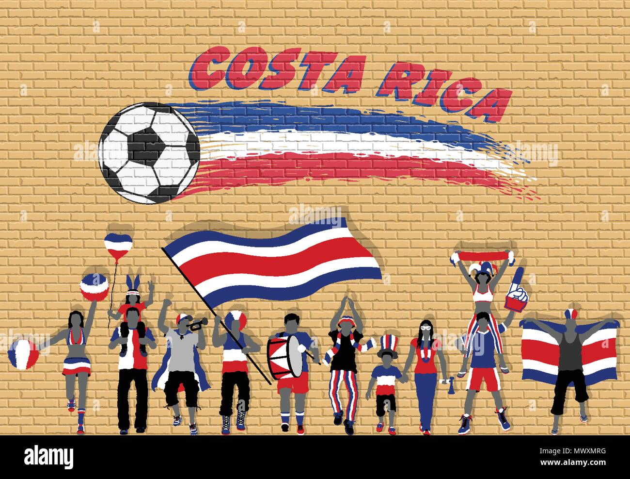 Costa Rica Fußball-Fans mit Costa Rica Flagge Farben vor Fußball Graffiti. Alle Objekte werden in verschiedenen Schichten und der Text Stock Vektor