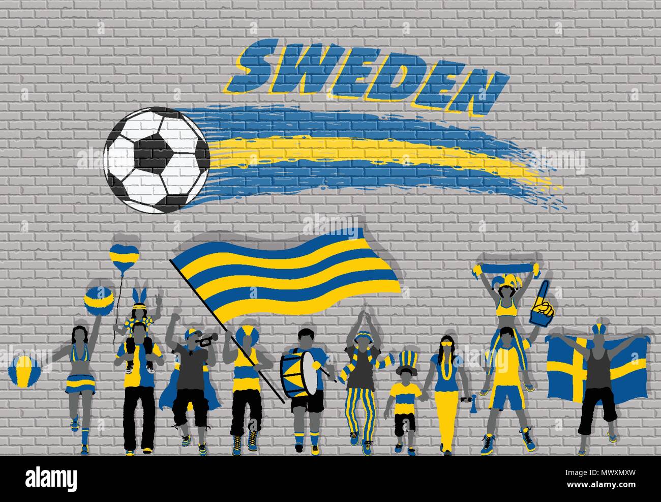 Schwede Fußball-Fans mit Schweden Flagge Farben vor Fußball Graffiti. Alle Objekte werden in verschiedenen Schichten und der Text ist n Stock Vektor