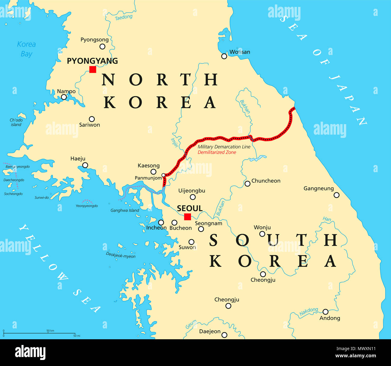 Koreanische Halbinsel, entmilitarisierte Zone, politische Karte. Nord- und Südkorea mit militärischen Demarkationslinie, Hauptstädte, Grenzen, die wichtigsten Städte. Stockfoto