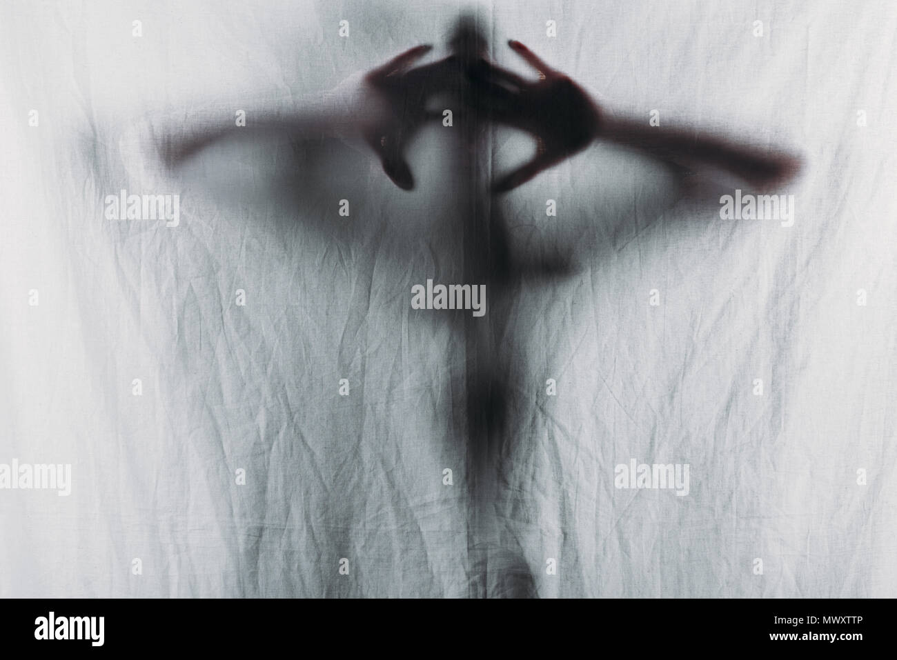 Unscharfe Silhouette der Person Vorhang mit den Händen berühren. Stockfoto