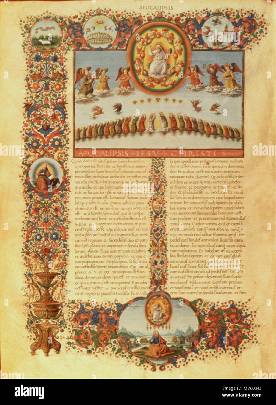 . Urbino Bibel von Francesco di ANTONIO DEL CHIERICO diese Bibel von Federico da Montefeltro, Herzog von Urbino (regierte 1474-1482), die eine umfangreiche Bibliothek, die in ihrer Blütezeit 1.000 Bände rühmte sich übersetzt in Auftrag gegeben wurde. Zu diesem Zweck er luxuriös und großzügig eingerichteten Codices, die in den damals modernen Stil der frühen Renaissance dargestellt wurden und sowohl wissenschaftliche und praktische Themen bestellt, einige auch zu religiösen Themen. Manuskript (Ms. Urb. lat. 1, 2, 2 Bände), 596 x 442 mm Biblioteca Apostolica, Vatikan. 1476-78. Florentiner Workshop unter der Leitung von Francesc Stockfoto