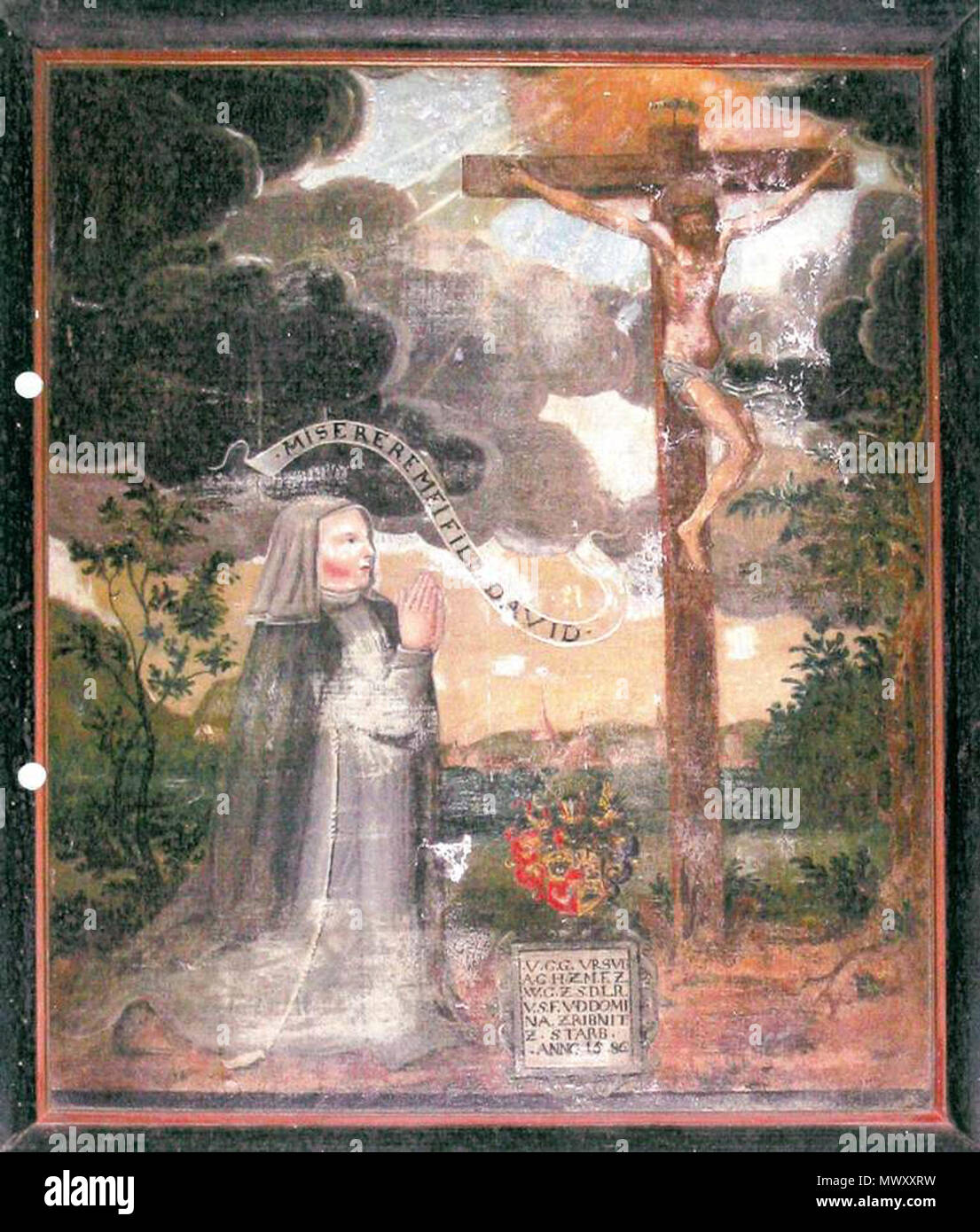 . Englisch: Ursula von Mecklenburg, letzte Äbtissin des Kloster Bad Doberan, im Gebet vor einem Kruzifix, mit der Stadt Bad Doberan im Hintergrund (früheste bekannte Gemälde von Stadtbild von Bad Doberan), vor der Restaurierung. 16. Jahrhundert. Unbekannt 623 UrsulaRibnitz Stockfoto