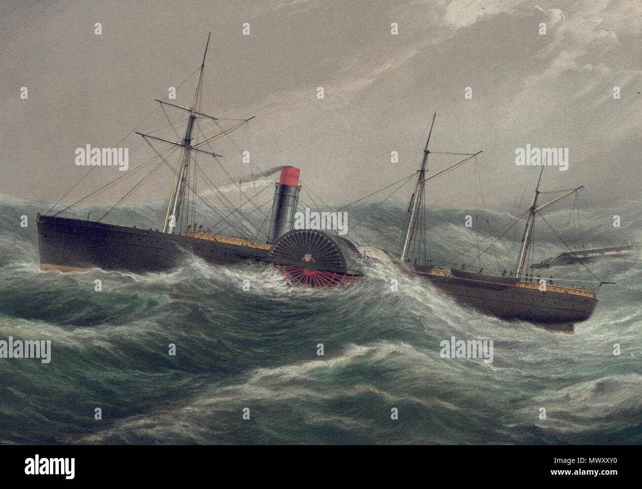 . Englisch: Detail aus einer Lithographie des United States Mail Steamship SS Pacific (eingeführt 1849). Die Ursprüngliche Bildunterschrift lesen: "United States Mail Dampf schiff Pacific Captn. L. Blye [?] Rettung der Crew der Bark Jesse Stevens durch Francis metallische Leben Boot, während eines schweren Sturm 4. Dez. 1852 in Lat. 48, Lon. 40.'. 1853. Sam Walters 623 USM steamship Pacific (1849) Stockfoto