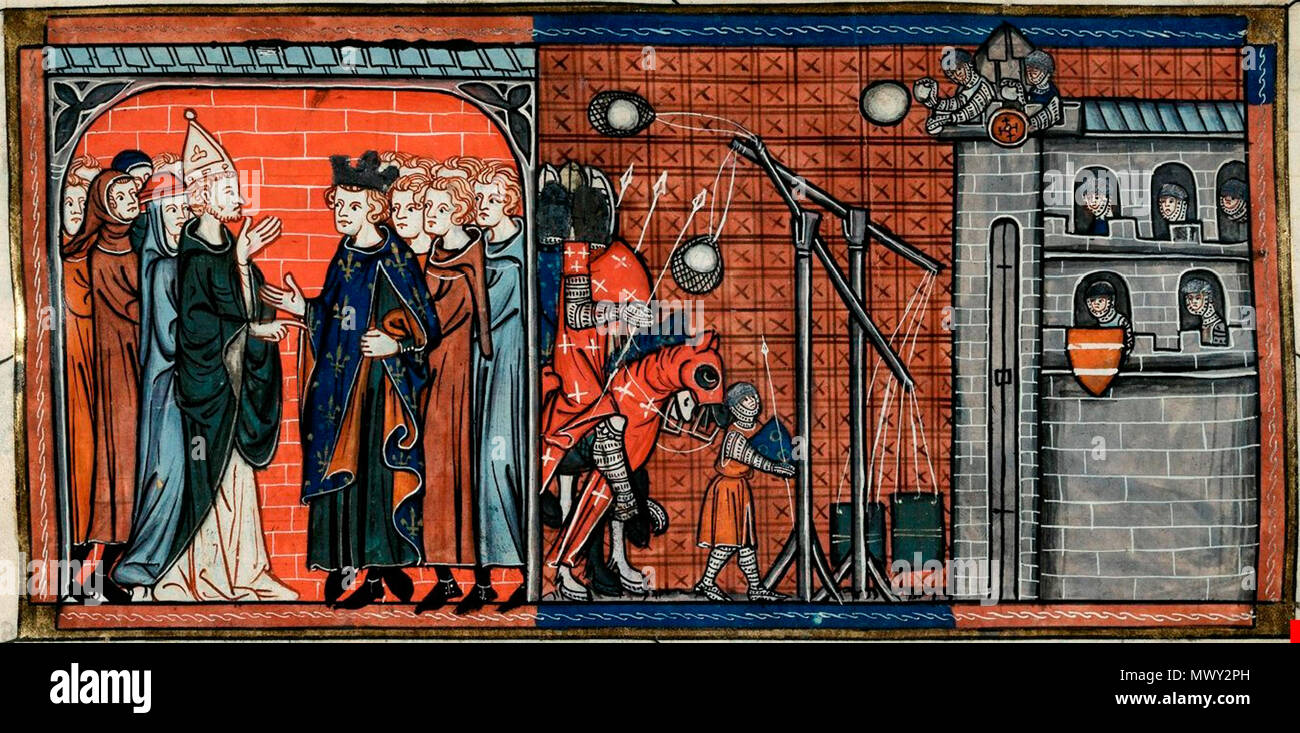 . Englisch: Detail einer Miniatur der Belagerung von Rochelle, mit König Ludwig VIII., ein Bischof, ein Kardinal und Ordensbrüder, am Anfang von Kapitel 3 von "Ludwig VIII.' Buch. Français: Détail d'une Miniatur du siège de La Rochelle, avec Le roi Ludwig VIII. en Réunion avec un Évêque, un-Kardinal d'autres Religieux. A droite: le Siège de la Ville avec des Maschinen de guerre. XIIIe ou XIVe siècle. Artiste anonyme 557 Belagerung de La Rochelle en 1224 Stockfoto