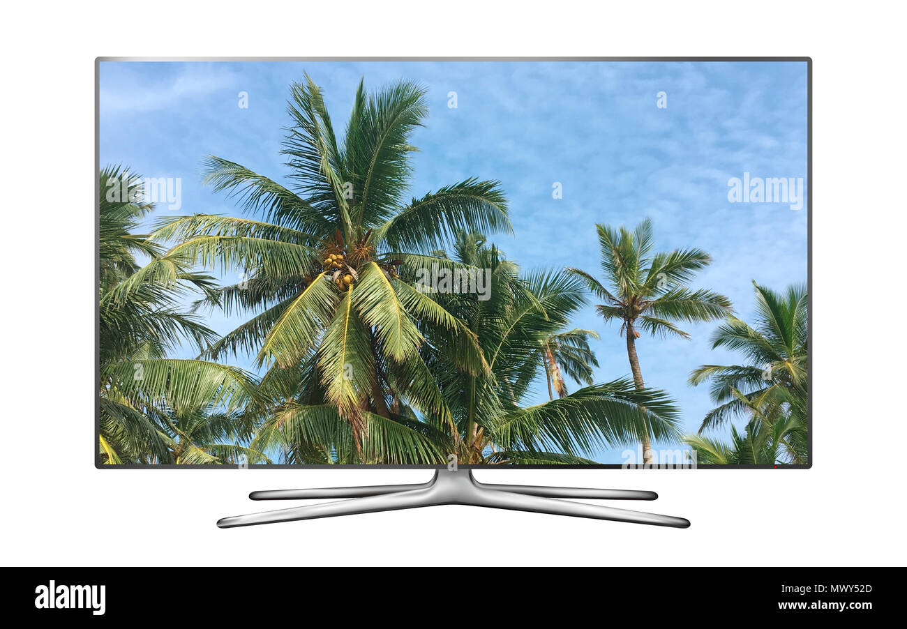 Smart TV auf weißem Hintergrund mit Palmen vor blauem Himmel Bild isoliert Stockfoto