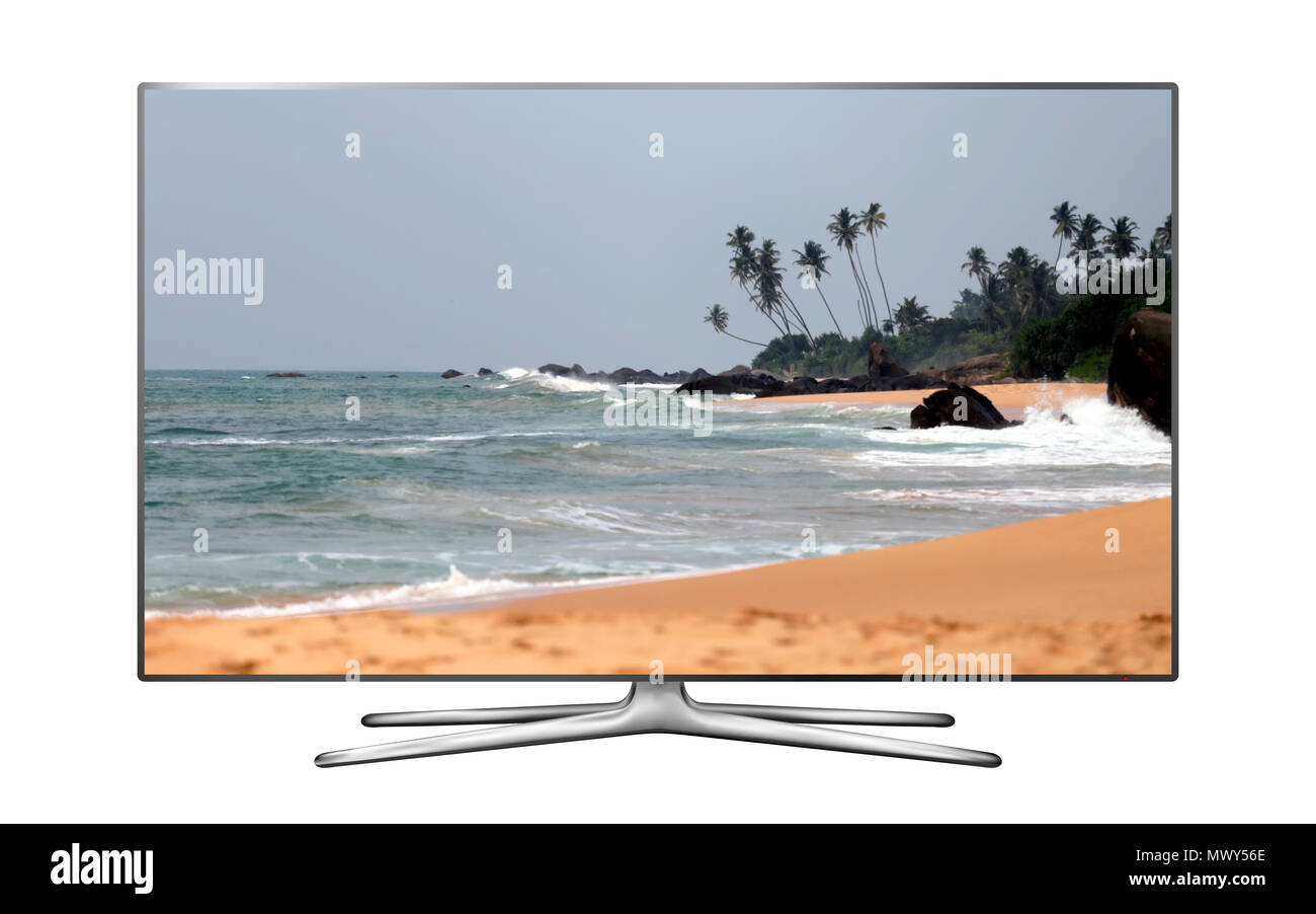 Smart TV isoliert auf weißem Hintergrund mit tropischen Strand auf dem Bildschirm Stockfoto